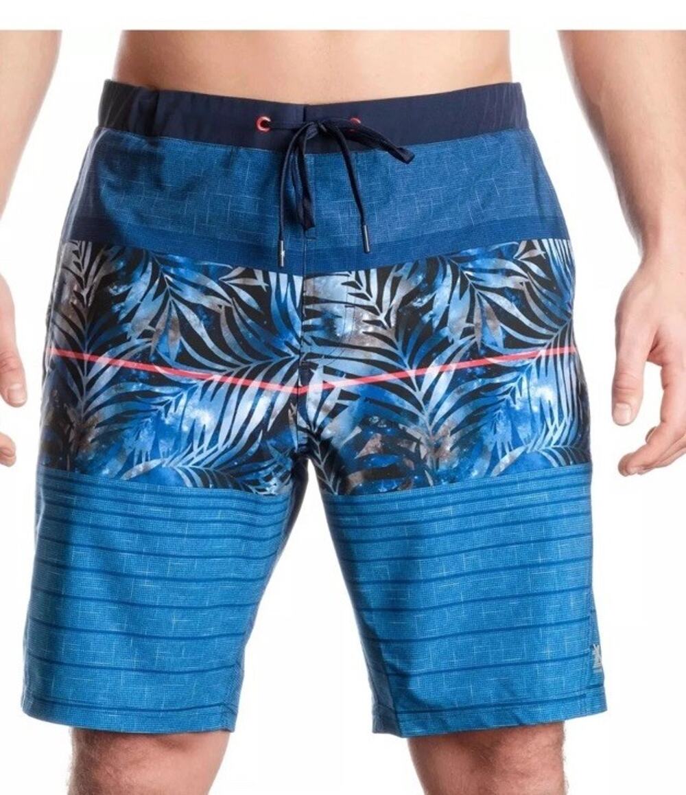 Men’s XL Hawaiian Swim Trunks Blue Red Stripe Surf Board Shorts UPF 50+ Beach
